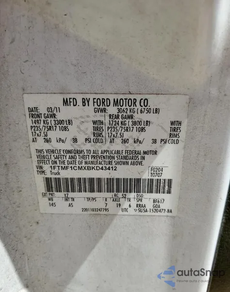 2011 Ford F150 from USA, damaged, VIN 1FTMF1CMXBKD43412